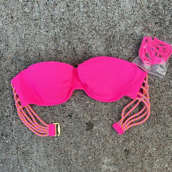 Victoria’s Secret 32A Orange Fuchsia Twist Strap Hot Pink Bandeau Bikini Top - Picture 1 of 5